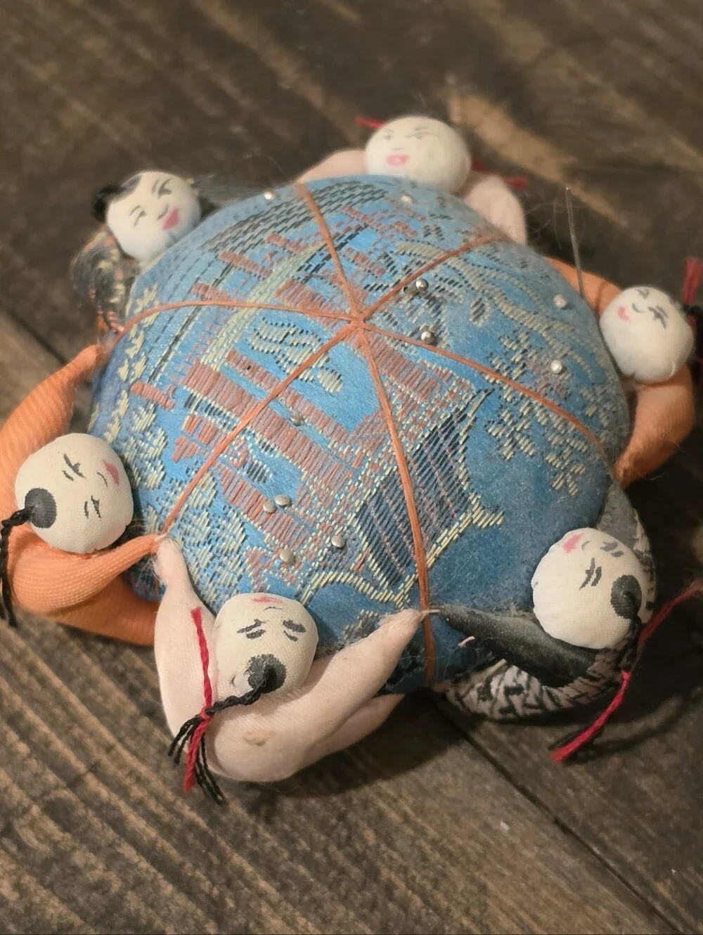 Vtg Chinese Silk Brocade Pin Cushion 6 Lucky Babies Children Dolls Mid Century